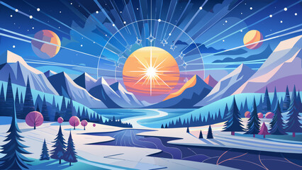 Geometric Winter Mountain Landscape with Glowing Sun and Cosmic Celestial Sky Background © Ahmad nur