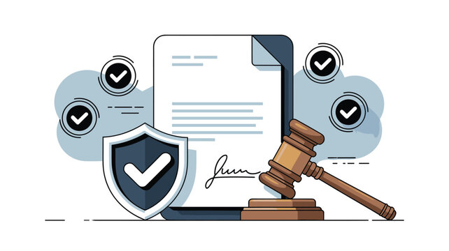 Professional illustration of legal documents with a signature alongside a wooden gavel and a shield symbolizing law, justice, and protection.