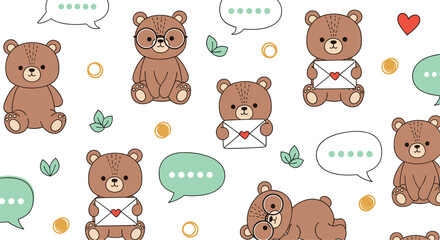 Obraz premium Cute Teddy Bear Seamless Pattern and Icon Set with Love Letters, Speech Bubbles, Glasses, and Leaves for Nursery Wallpaper and Kids Graphic Designs