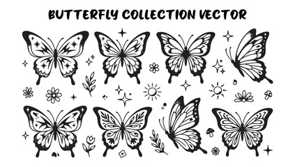 Fototapeta premium Butterfly collection vector graphics with various black butterflies and decorative elements