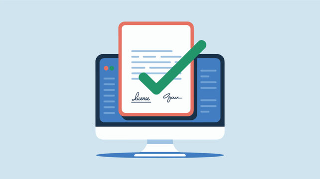 Digital license or legal document shown on a computer screen with an electronic signature and a green checkmark for online verification.