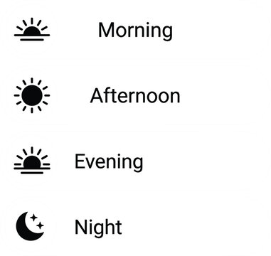 Times of day black solid glyph icon set featuring morning afternoon evening night sun moon symbols