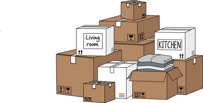 Cardboard Moving Boxes Pile Vector Illustration with Kitchen and Living Room Labels for Relocation Services, Packing Supplies, Real Estate, and Housewarming Graphic Designs