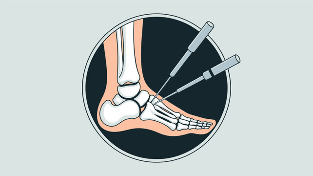 Medical illustration of an orthopedic foot surgery procedure showing the placement of surgical pins in the tarsal bones for bone alignment.