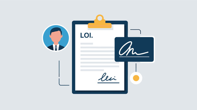 Letter of intent or LOI document on a clipboard with a professional profile and digital signature for business transactions.