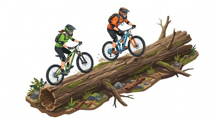 Obraz premium Isometric illustration of mountain bikers riding over a giant fallen tree log