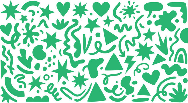 Green abstract doodle pattern with hand drawn shapes on white