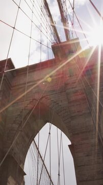 Brooklyn Bridge New York City Icon landmark. Closeup of Brooklyn bridge iconic details. NYC. SLOW MOTION VERTICAL VIDEO.