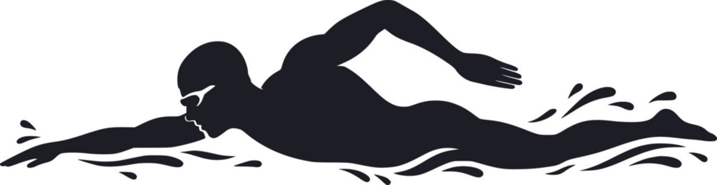 Swimmer performing freestyle stroke in water black and white vector silhouette
