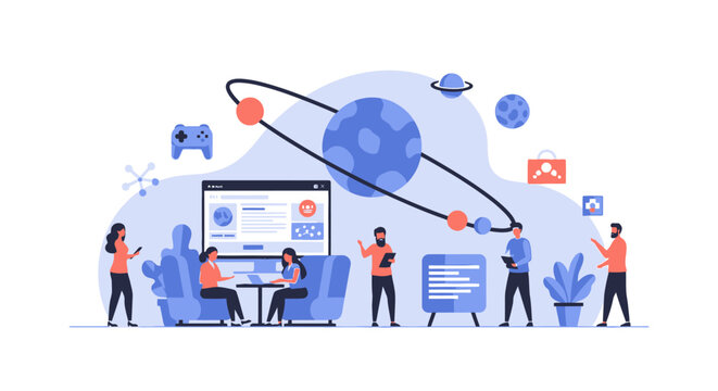 Diverse group of people working in a collaborative office space with futuristic technology elements.
