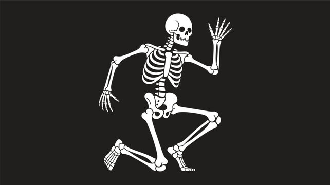 Full human skeleton in a dynamic action pose against a solid black background representing anatomy, science, or a spooky theme.