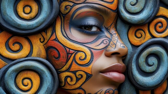 A close-up reveals a woman's face adorned with vibrant, swirling paint, resembling sculpted spirals. The warm orange and cool teal tones create a striking contrast, highlighting the intricate details of the artwork, AI generated