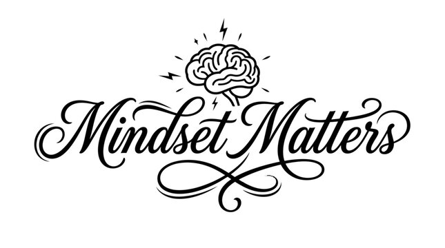 Mindset Matters typography design with a brain icon and lightning bolts.