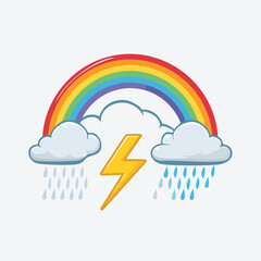 Naklejka premium Cartoon Rainbow with Lightning and Rain Clouds