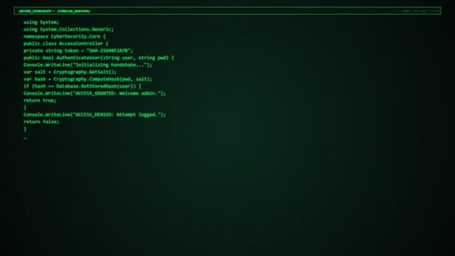 Cybersecurity code terminal in a dark green setting