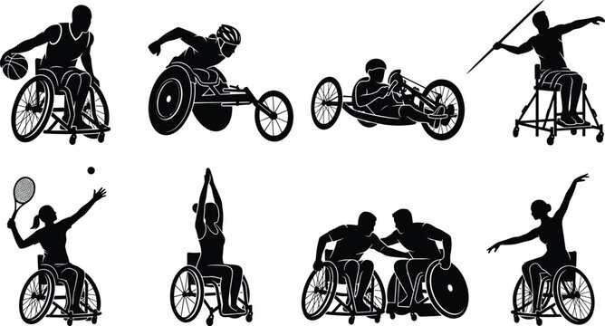 Disabled Athletes in Wheelchairs Playing Adaptive Sports Silhouette Vector Collection Isolated on White Background