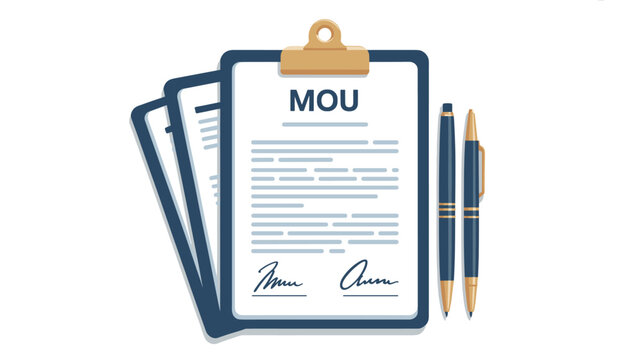 Memorandum of Understanding document on a clipboard with two pens represents a formal agreement between business or legal parties.