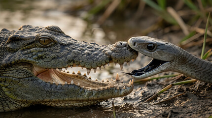 Fototapeta premium Nile Crocodile and Black Mamba Kissing Close Up on International Kissing Day — Dangerous Reptile Love