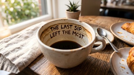 Rustic coffee mug on a wooden table featuring an inspirational quote inside that reads 'The last sip left the most', with fresh croissants and soft morning light in a cozy cafe.