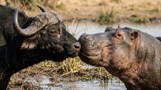 Hippopotamus and African Buffalo Kissing Close Up on International Kissing Day &mdash; Wild Animal Bond