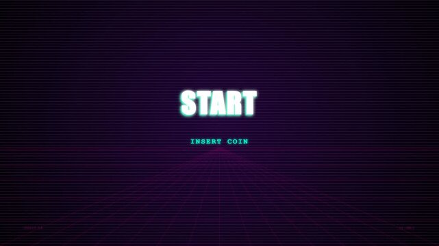 Retro arcade start screen with neon colors and geometrical design