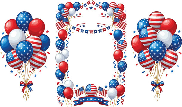 Patriotic American flag balloon bouquet and border frame vector set for 4th of July celebration