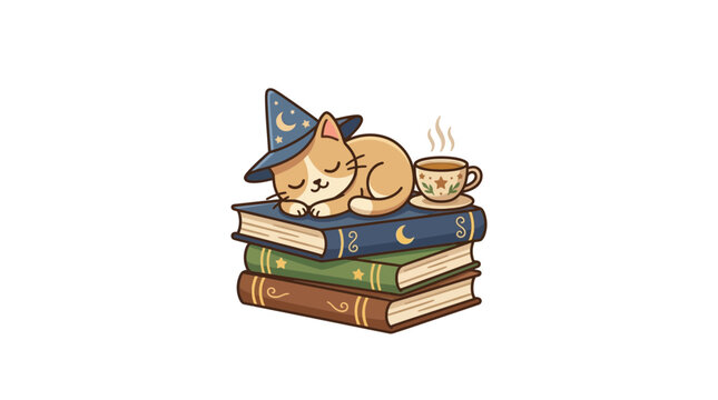 Cute Cat Wizard Sleeping on Books with Hot Coffee