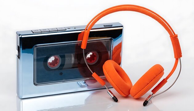 A shiny cassette tape with orange headphones on a white surface