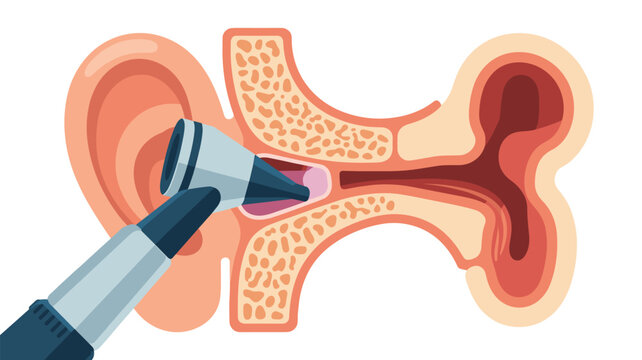 Medical diagram showing a cross section of the human ear and canal with an otoscope tool performing a professional inner ear checkup.
