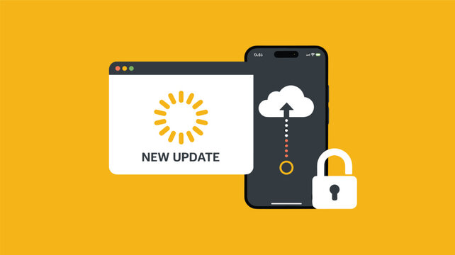 Digital illustration showing a new update notification on a browser window next to a secure smartphone icon with cloud sync.