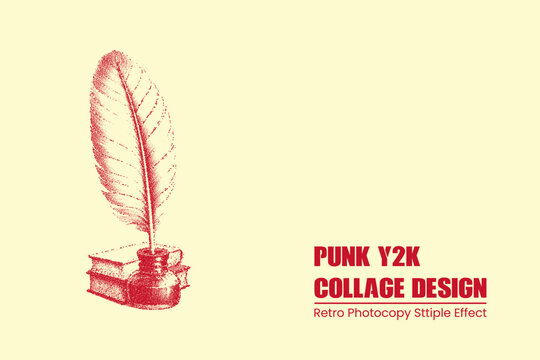 Stipple effect illustration of a quill pen in an inkwell resting on a stack of books, vintage engraving style graphic design element for retro posters