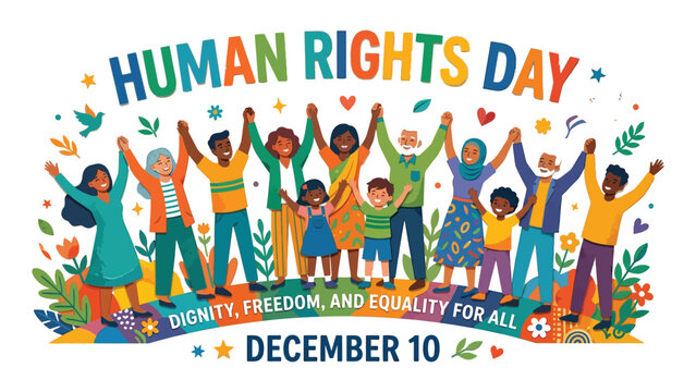 People of all ages and cultures hold hands to celebrate Human Rights Day and demonstrate the importance of dignity and equality for everyone.