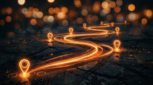 Glowing GPS map pins on winding light trail road, digital navigation route with orange bokeh background, logistics and delivery tracking concept