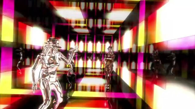 A stunning futuristic 3D animation features a group of female dancers with shiny, reflective chrome-plated bodies. The dancers perform dynamic choreography inside an endless tunnel.