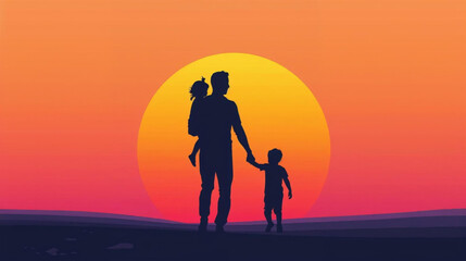 Fototapeta premium silhouette of a father with son and daughter at sunset