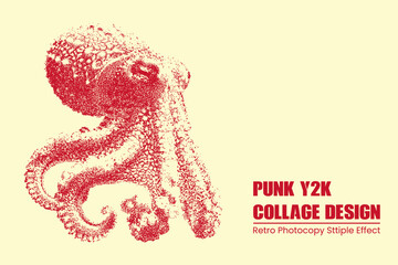 Punk y2k collage design featuring a stippled octopus illustration with a retro photocopy texture in red on a light cream background © MDMahmudul
