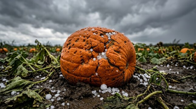 Agricultural crop loss and farming insurance concept featuring a hail-damaged pumpkin.