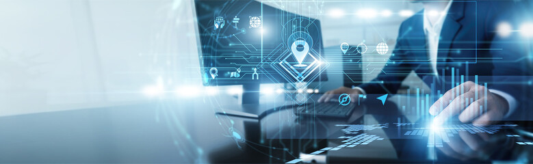 GIS specialist working on computer geographic information system. Analyst mapping spatial data and terrain layers to support urban planning and environmental monitoring projects today. © CyberFrame