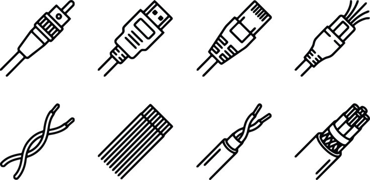 Electrical cable and wire icon set, black solid vector symbols for power supply and data connection, industrial wiring and networking hardware elements. Cables and wires web icons in line style. 