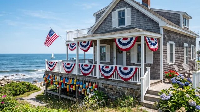 Coastal cottage decorated with American flags overlooking the ocean