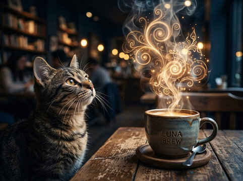 Tabby cat gazing at magical glowing steam rising from a coffee cup inside a cozy library cafe environment with enchanting swirl patterns and golden light bokeh.