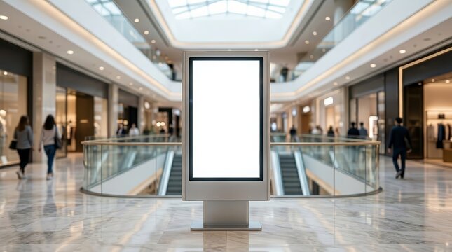 Empty digital display stand template within a contemporary mall interior