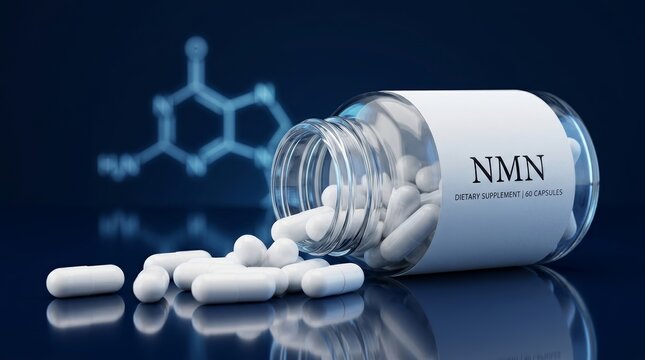 White NMN capsules falling out of a glass bottle with a molecule silhouette background for biohacking and longevity.