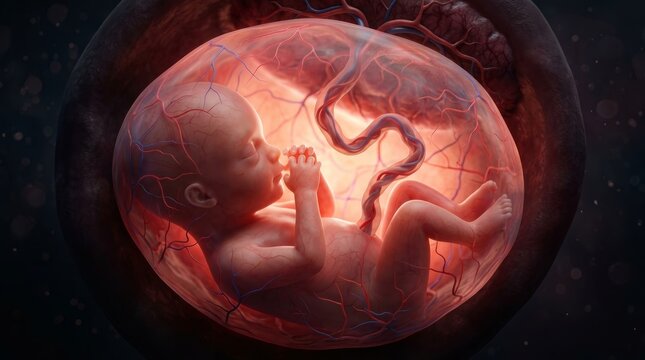 Human fetus developing within a glowing amniotic sac with visible blood vessels and umbilical cord.