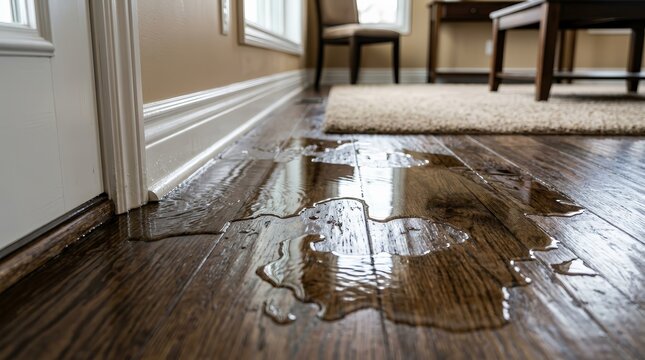 Water damage to hardwood flooring and subfloor from a slab leak.