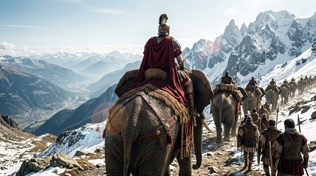 Cinematic view of Carthaginian General Hannibal Barca surveying the Alps from atop an elephant.