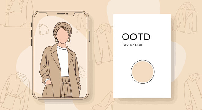 Minimalist illustration of a stylish woman in a trench coat on a mobile phone screen.