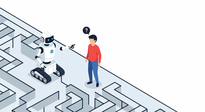 Robot helping a confused person navigate a complex maze, representing AI, technology, and problem-solving