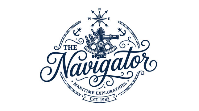 Vintage nautical emblem logo with sextant compass and anchors.