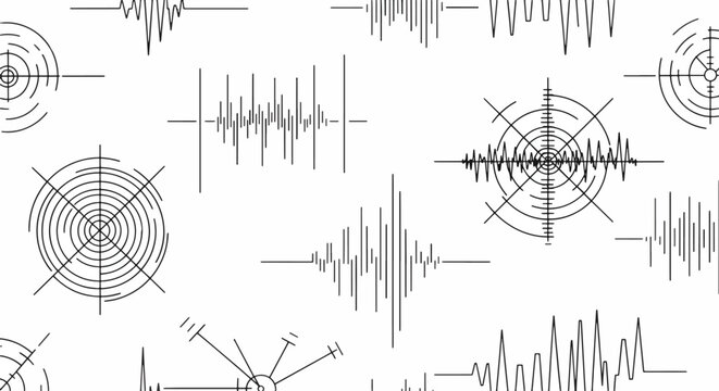 Seamless pattern of seismic waves and earthquake seismograph readings on a white background